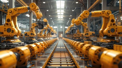 A factory with an assembly line fully robotic with two lines of big robotic arms made of yellow metal, assembling a wood house. Generative AI.