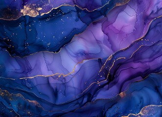 Abstract background liquid marble texture in the style of blue and purple hues alcohol ink effect gold details