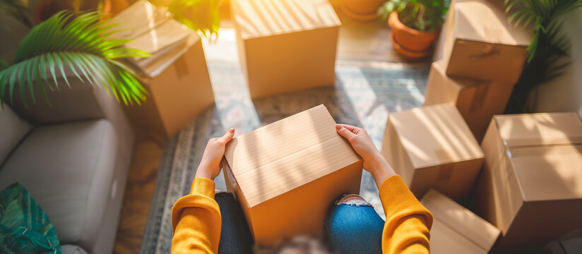 a  woman unboxing cardboard parcel online shoping concept