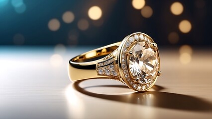 Blank gold ring with diamond mockup stand, half-turned view, 3d rendering