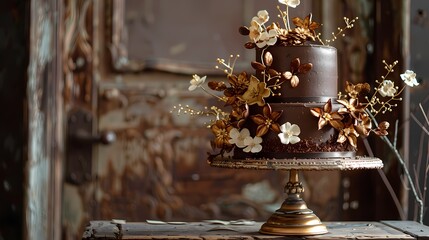 Sumptuous chocolate birthday cake displayed on a vintage cake stand, accented with intricate sugar flowers and golden foliage, creating a picturesque centerpiece for a rustic wedding celebration