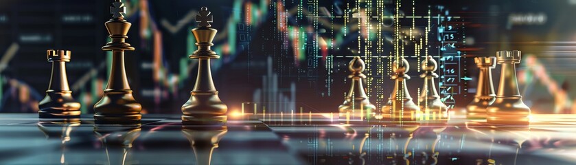  A chess game plays out on a board overlaying dynamic stock graphs, each move highlighted by a thunderclap - obrazy, fototapety, plakaty