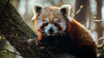 Cute panda sitting on branch looking at camera, AI Generative.