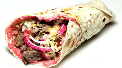 A mouthwatering shawarma, loaded with flavorful ingredients, isolated on a pristine white background. The shawarma's succulent meat, fresh vegetables, and savory sauces are beautifully presented
