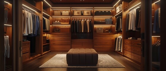 Step into a walkin closet of your dreams, featuring luxurious modern classic furnishings, illuminated by a soft, ambient glow, like the gentle light of an Icelandic summer night 8K , high-resolution,  - obrazy, fototapety, plakaty