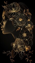 Visualize a captivating golden line drawing of a woman with flowers in her hair, set against a dramatic black background 8K , high-resolution, ultra HD,up32K HD - obrazy, fototapety, plakaty