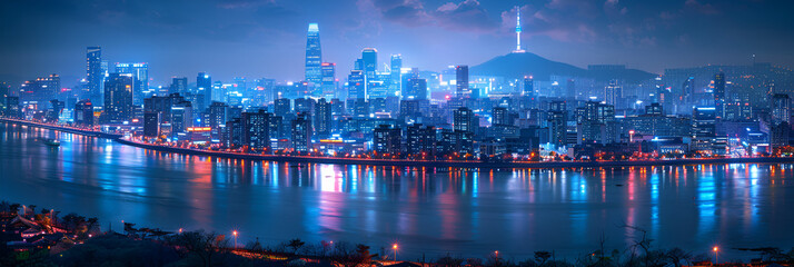 Fototapeta na wymiar night view of the city of night, South Korea in spring at night and skyscrapers S