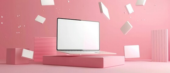 3D Rendering of Flying Blank Screen Laptop, Smart Phone and Geometric Shapes. Minimal Technology Concept. Blank Screen. Zero Gravity.