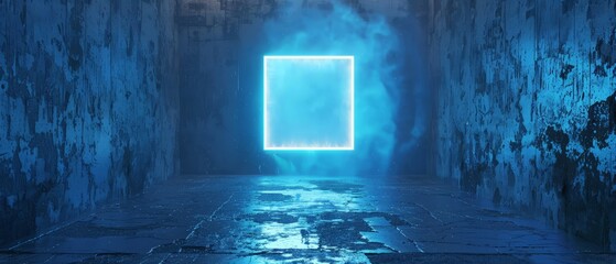 3d rendering of blue lighten square shape with light beam and grunge wall background