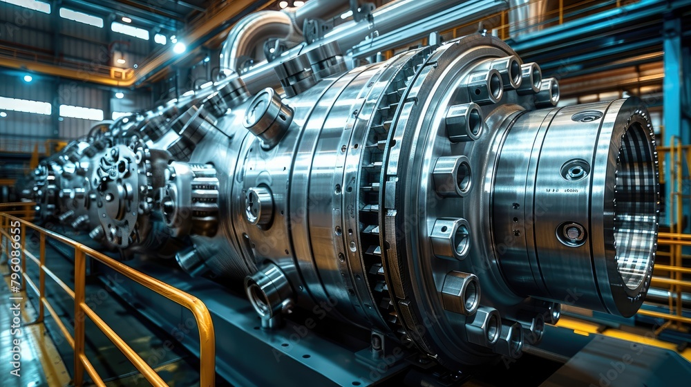 Poster a large chrome industrial gas compressor with a lot of gears inside. generative ai.