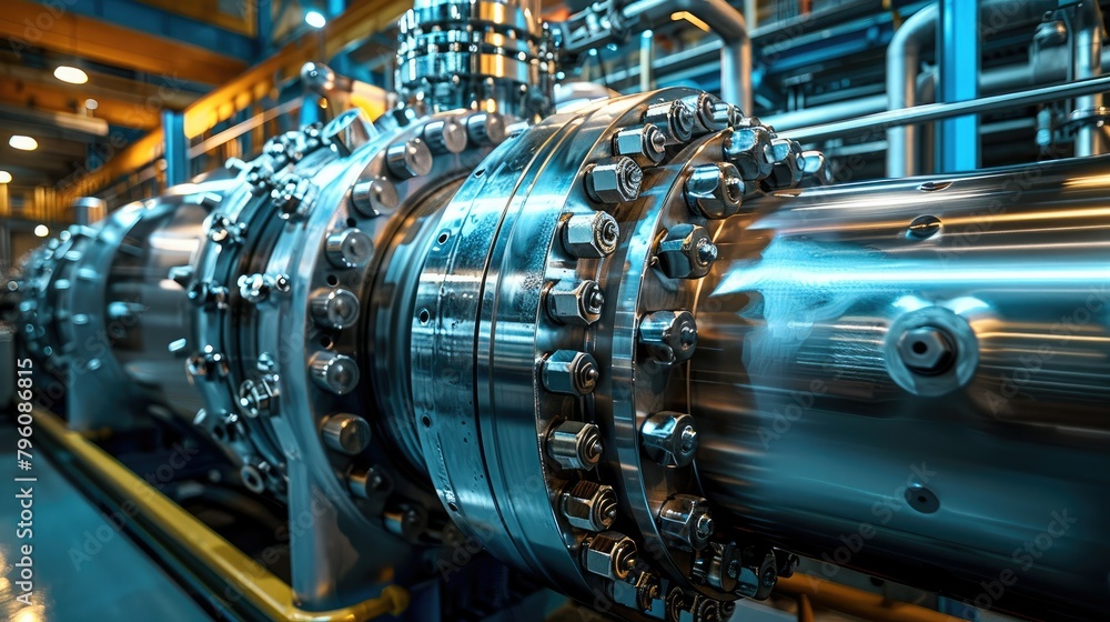 Poster a large chrome industrial gas compressor with a lot of gears inside. generative ai.