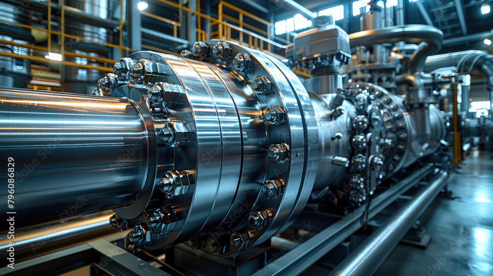 Poster a large chrome industrial gas compressor with a lot of gears inside. generative ai.