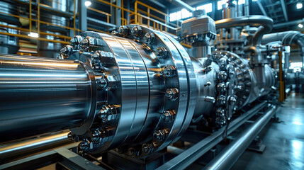 A large chrome industrial gas compressor with a lot of gears inside. Generative AI.