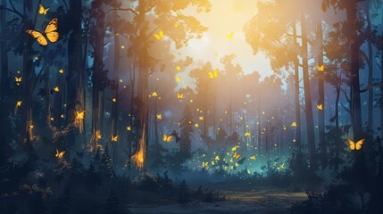 Fireflies dart through the air in an erratic ballet, their luminescent bodies sketching patterns of light against the backdrop of the darkened woods, art concept