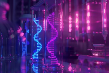 Fluorescent markers illuminate a DNA sequence, casting a glow over a labs darkened room, visualizing genetic research in realtime, background concept