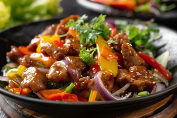 Fototapeta premium Delicious crunchy pork with spicy soy sauce dish. generative AI