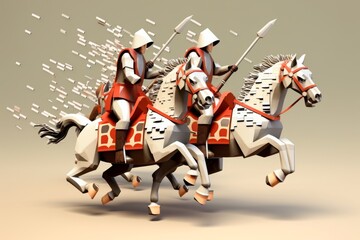 A microchip mosaic of Knights Templar knights on horseback charging into battle in a digital landscape