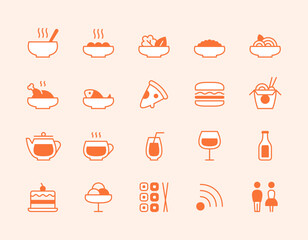 Modern meal and dish icon set. Restaurant food symbol illustrations. Vector cafe pictograms for pasta, pizza, bowl, burger, fish, chicken, soup, wok, ramen, rolls, sushi. Hot dinner plate templates