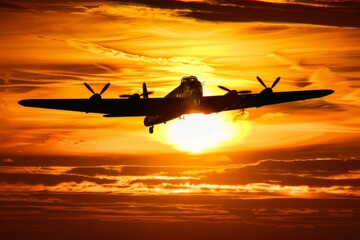 A fighter plane soaring through a fiery sunset