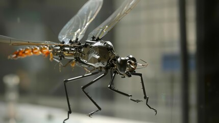 In a cuttingedge robotics lab, engineers unveil an insect robot designed to mimic a dragonfly, capable of intricate aerial maneuvers and equipped with tiny cameras for surveillance and research