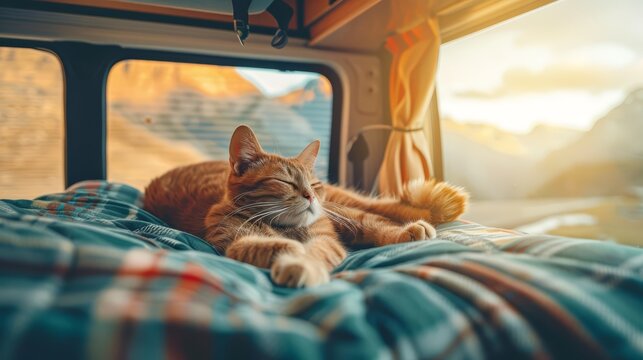 In a cozy camper van, a cat lounges on the dashboard, basking in the sun as it travels through mountains and valleys, watching the world go by