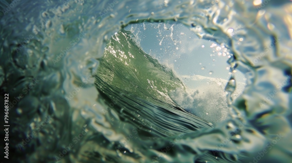Poster this close up view shows a powerful wave cresting and foaming as it moves towards the shore in the v
