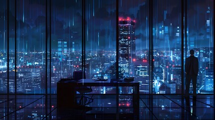 Young business man standing in office watching the modern city at night, view from the outside