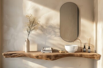 bathroom shelf with vase and mirror on the wall, in the style of photo bashing , wood, digital minimalism