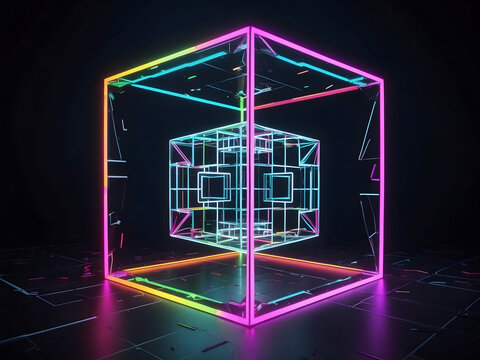 Hypercube Tesseract neon glowing math solid shape, stunning beauty of mathematical realm