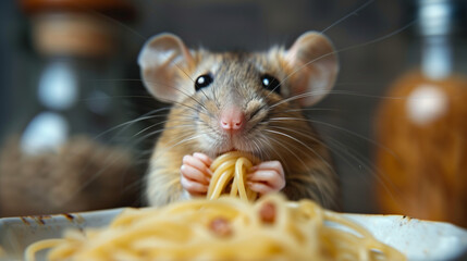 A comically exaggerated scene featuring a very large rat indulging in a plate of delicious bolognese spaghetti. With its oversized proportions and mischievous expression, the rat adds a humorous touch