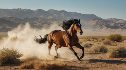 A majestic Arabian horse galloping freely across a vast desert landscape. Generated AI.