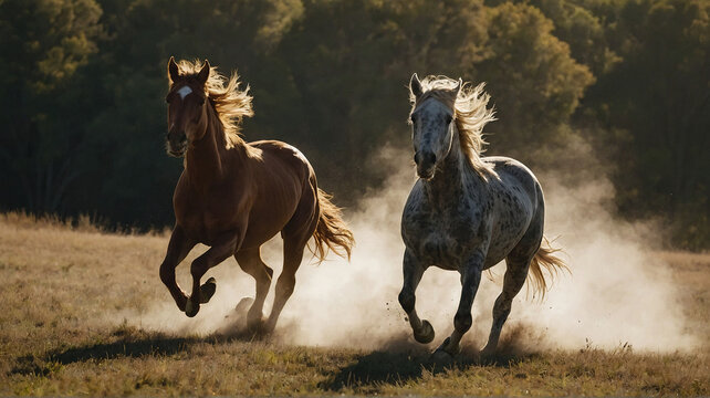A pair of spirited Mustangs racing side by side through a sun-dappled meadow2. Generated AI.
