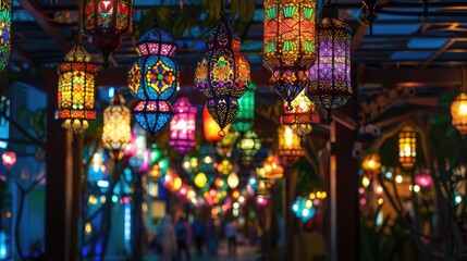 Obraz premium Lantern that have moon symbol on top and small plate of dates fruit with night sky and city bokeh light background for the Muslim feast of the holy month of Ramadan Kareem.