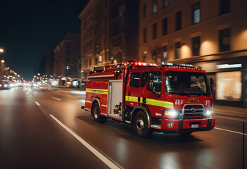 fire truck driving fast on a road at night with lights and sirens