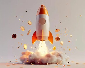A 3D rendering of a rocket launching with a Bitcoin.