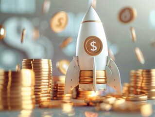 A 3D rendering of a white rocket launching from a stack of gold coins. The rocket has a dollar sign on its side.