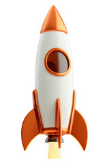 A 3D rendering of a white and orange rocket launching from a stack of gold coins.