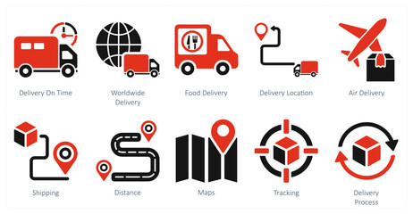 A set of 10 delivery icons as delivery on time, worldwide delivery, food delivery