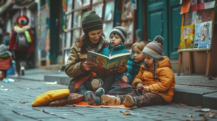 Group of attentive school children sitting in circle on on stairs of modern school building background and taking notes during outdoors lesson. Concept of teamwork, education and new approaches