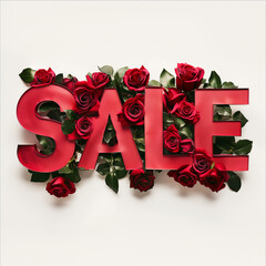 the SALE inscription is in the form of red letters with roses. The concept of advertising a flower shop, floristry, cosmetics, goods for lovers, - obrazy, fototapety, plakaty