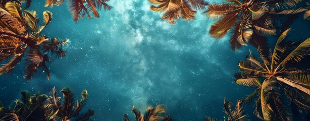 The starry sky and the green leaves of coconut trees - obrazy, fototapety, plakaty