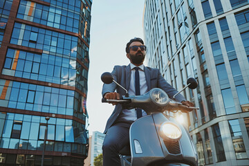 White-collar professional in business attire riding motorized scooter to office, highlighting convenience and effectiveness of scooter commuting