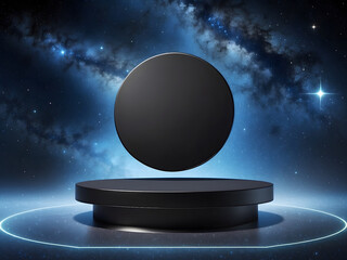 Empty black metallic podium on a blue star galaxy background design for product presentation. - obrazy, fototapety, plakaty