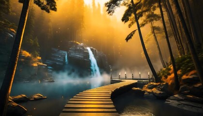 rain forest waterfall banner landscape with sun rays