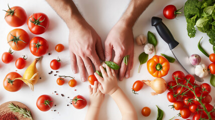 Family hands and fresh vegetables on a table, sharing a moment of cooking together. - obrazy, fototapety, plakaty