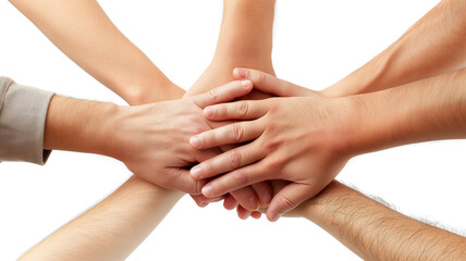 Multiple hands joined together in a gesture of unity and teamwork on a white background.