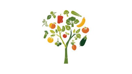 Stylized tree with various colorful vegetables and fruits as leaves, representing healthy eating.
