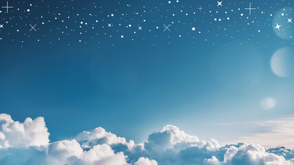 Clear blue sky with twinkling stars above fluffy white clouds, radiant sunlight on the side. - obrazy, fototapety, plakaty