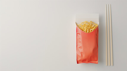 Red takeaway noodles pack with chopsticks on a white surface, minimalistic food presentation. - obrazy, fototapety, plakaty