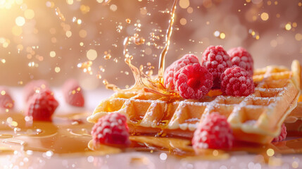 Breakfast waffles: delicious raspberries and sweet caramel. 